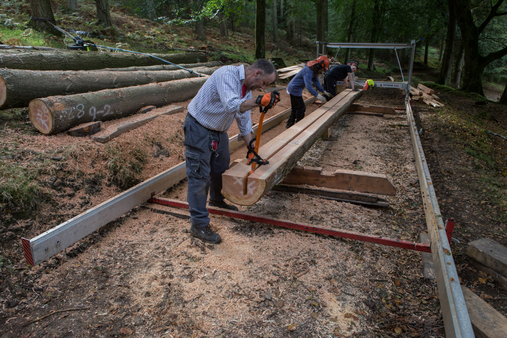 Removing freshly sawn beam from log